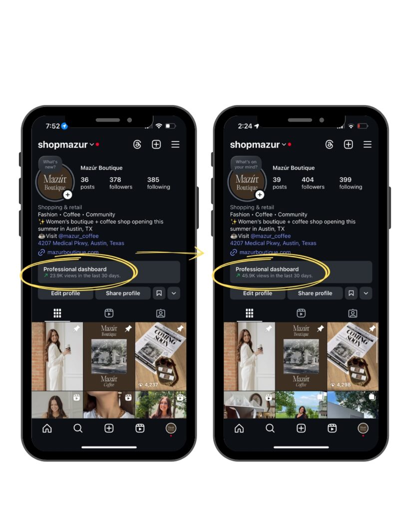 two phones showing an Instagram profile increase in reach and views